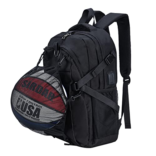 Widfre Basketball Backpack with USB Charging Port, Durable Men's Laptop Backpack for Outdoor with Ball Compartment (Black)