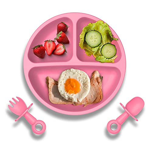 Baby Suction Plate with Self-Feeding Spoon Fork - BPA Free Infant Newborn Utensil Set for Self-Training, Suction Plates for Babies Toddlers, Dishwasher Microwave Safe (Pink)