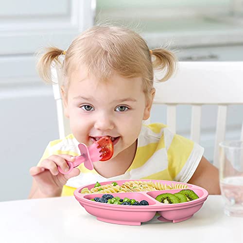 Baby Suction Plate with Self-Feeding Spoon Fork - BPA Free Infant Newborn Utensil Set for Self-Training, Suction Plates for Babies Toddlers, Dishwasher Microwave Safe (Pink)