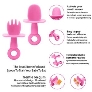 Baby Suction Plate with Self-Feeding Spoon Fork - BPA Free Infant Newborn Utensil Set for Self-Training, Suction Plates for Babies Toddlers, Dishwasher Microwave Safe (Pink)