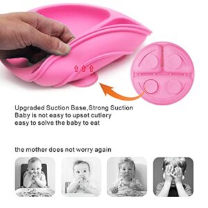 Baby Suction Plate with Self-Feeding Spoon Fork - BPA Free Infant Newborn Utensil Set for Self-Training, Suction Plates for Babies Toddlers, Dishwasher Microwave Safe (Pink)