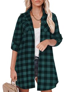 hotouch boyfriend style shirts oversized flannel long plaid tops tunics green-black large