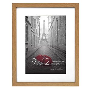 americanflat 9x12 picture frame in dark oak - displays 6x8 with mat and 9x12 without mat - engineered wood with shatter resistant glass - horizontal and vertical formats for wall