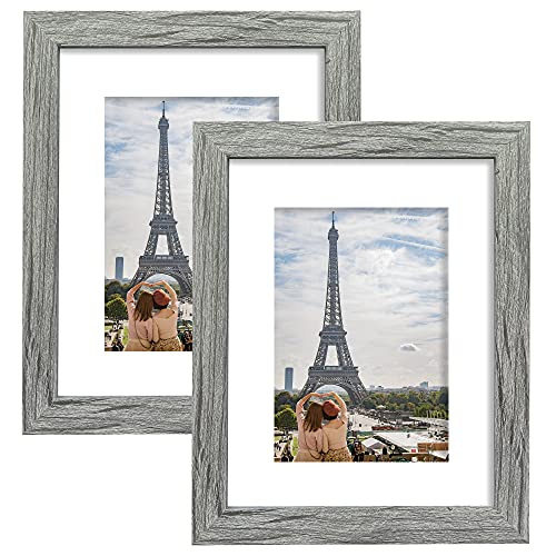 Hongkee 8x10 Picture Frame Set of 2, Grey Photo Frame of Rustic Style, Multi 8 by 10 Photo Frame for Wall or Tabletop Display - 5x7 Frame with Mat or 8x10 Without Mat