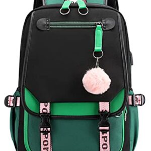 JiaYou Teenage Girls' Backpack Middle School Students Bookbag Outdoor Daypack with USB Charge Port (21 Liters, Green Black)