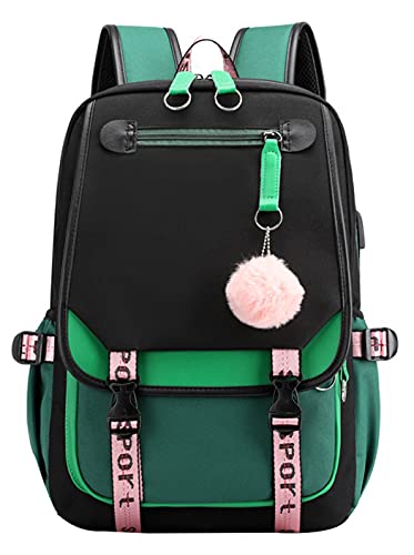 JiaYou Teenage Girls' Backpack Middle School Students Bookbag Outdoor Daypack with USB Charge Port (21 Liters, Green Black)