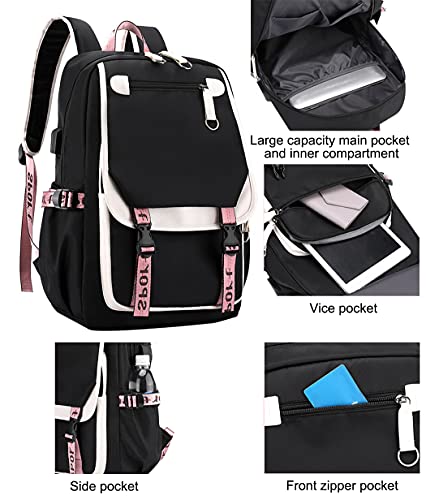 JiaYou Teenage Girls' Backpack Middle School Students Bookbag Outdoor Daypack with USB Charge Port (21 Liters, Green Black)