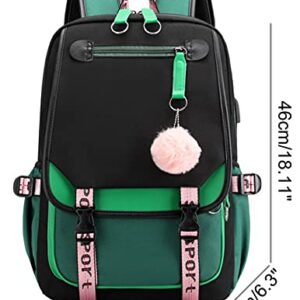 JiaYou Teenage Girls' Backpack Middle School Students Bookbag Outdoor Daypack with USB Charge Port (21 Liters, Green Black)