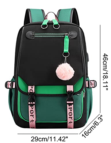 JiaYou Teenage Girls' Backpack Middle School Students Bookbag Outdoor Daypack with USB Charge Port (21 Liters, Green Black)