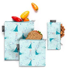 simple modern disney reusable snack bags for kids | food safe, bpa & phthalate free, polyester zip pouches | washable & refillable sandwich bag | ellie collection | 3 pack | frozen elsa's snowflake