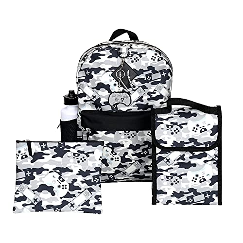 RALME Grey Gaming Camo Backpack Set for Boys & Girls, 16 inch, 6 Pieces - Includes Foldable Lunch Bag, Water Bottle, Key Chain, & Pencil Case