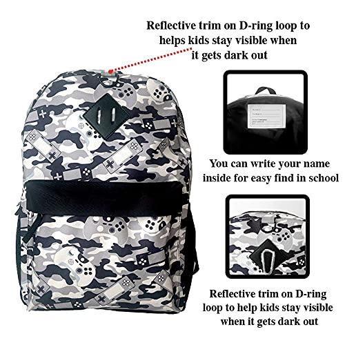 RALME Grey Gaming Camo Backpack Set for Boys & Girls, 16 inch, 6 Pieces - Includes Foldable Lunch Bag, Water Bottle, Key Chain, & Pencil Case