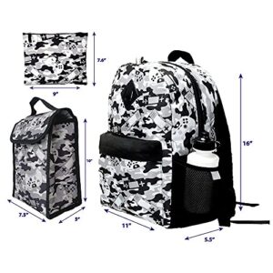 RALME Grey Gaming Camo Backpack Set for Boys & Girls, 16 inch, 6 Pieces - Includes Foldable Lunch Bag, Water Bottle, Key Chain, & Pencil Case