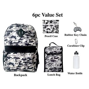 RALME Grey Gaming Camo Backpack Set for Boys & Girls, 16 inch, 6 Pieces - Includes Foldable Lunch Bag, Water Bottle, Key Chain, & Pencil Case