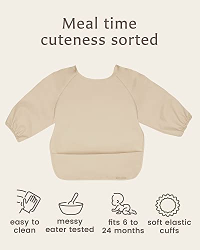 WILLOW + SIM Long Sleeve Baby Bibs - Wipe Clean, Washable with Food Catcher - Long Sleeve Bib for Babies, Toddler - Parchment