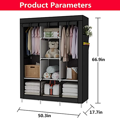 UDEAR Portable Wardrobe Shoe Rack Bundle,Closet Clothes Organizer with 6 Storage Shelves, 2 Hanging Sections and 4 Side Pockets,6-Tier Portable Free Standing Shoe Organizer,with Dustproof Cover,Black