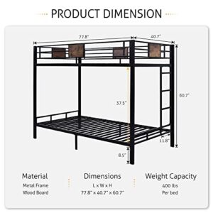 SHA CERLIN Bunk Bed Twin Over Twin Size with Ladder and Full-Length Guardrail, Metal, Storage Space, No Box Spring Needed, Noise Free, Black