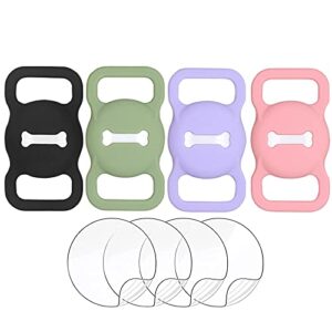 dog collar tag holder compatible with apple airtag case 4 pack, airtag gps finder dog cat collar pet loop, id label for dog 4 pack silicone cover holder for air tag with hd screen protector