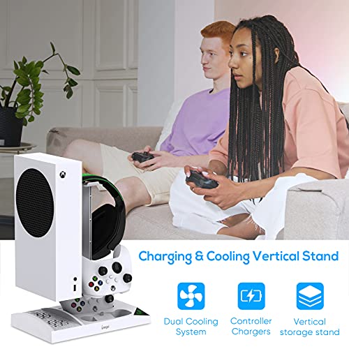 Charger Stand with Cooling Fan for Xbox Series S Console and Controller,Vertical Dual Charging Dock Accessories with 2 x 1400mAh Rechargeable Battery and Cover, Earphone Bracket for XSS