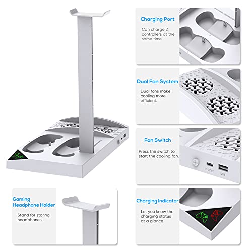 Charger Stand with Cooling Fan for Xbox Series S Console and Controller,Vertical Dual Charging Dock Accessories with 2 x 1400mAh Rechargeable Battery and Cover, Earphone Bracket for XSS