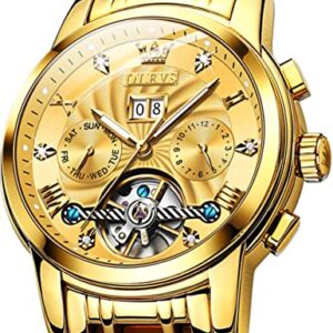 OLEVS Automatic Watches for Men Gold Luxury Skeleton Mechanical Wristwatch Self Winding Diamond Luminous Waterproof Business Dress Watch