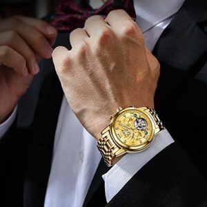 OLEVS Automatic Watches for Men Gold Luxury Skeleton Mechanical Wristwatch Self Winding Diamond Luminous Waterproof Business Dress Watch