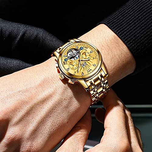 OLEVS Automatic Watches for Men Gold Luxury Skeleton Mechanical Wristwatch Self Winding Diamond Luminous Waterproof Business Dress Watch