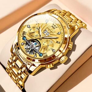 OLEVS Automatic Watches for Men Gold Luxury Skeleton Mechanical Wristwatch Self Winding Diamond Luminous Waterproof Business Dress Watch