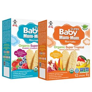 baby mum-mum super organic rice rusks, 2 flavor variety pack, 24 pieces per box (pack of 4): super tropical & super berries gluten free, allergen free, non-gmo, rice teether (berries & tropical)