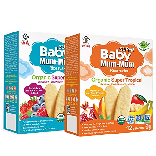 Baby Mum-Mum Super Organic Rice Rusks, 2 Flavor Variety Pack, 24 Pieces Per Box (Pack of 4): Super Tropical & Super Berries Gluten Free, Allergen Free, Non-GMO, Rice Teether (Berries & Tropical)