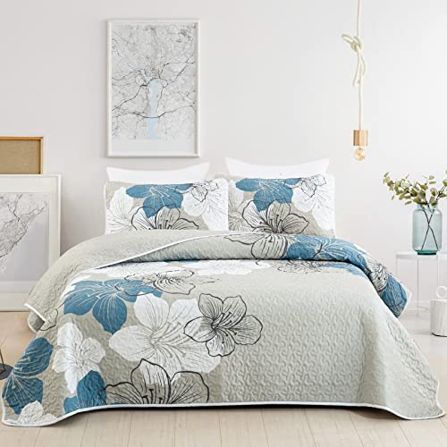 DJY 3 Pieces Quilt Set King Blue Floral Pattern Quilt Coverlet Elegant Bohemian Bedspread with 2 Pillow Shams Soft Lightweight Bedding Quilt Set for Adults (Blue, 104"x90")
