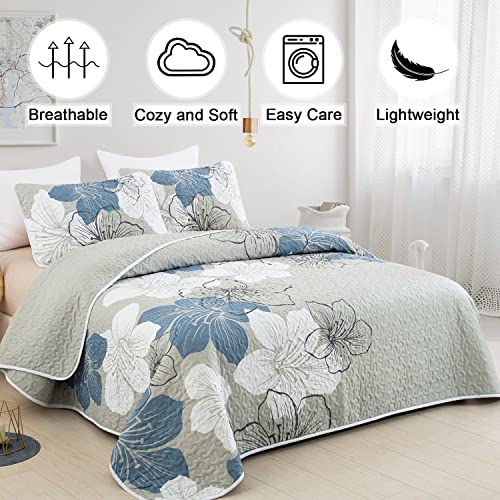 DJY 3 Pieces Quilt Set King Blue Floral Pattern Quilt Coverlet Elegant Bohemian Bedspread with 2 Pillow Shams Soft Lightweight Bedding Quilt Set for Adults (Blue, 104"x90")