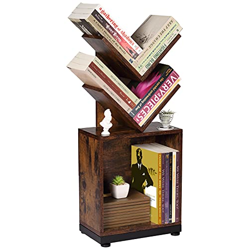 ruboka 2-Shelf Tree Bookshelf with Storage, 26.5-Inch Retro Floor Standing Bookcase Display for CDs/Magazine/Books, Small Bookshelf for Bedroom, Living Room, Office, Brown Storage Shelves DESK51B