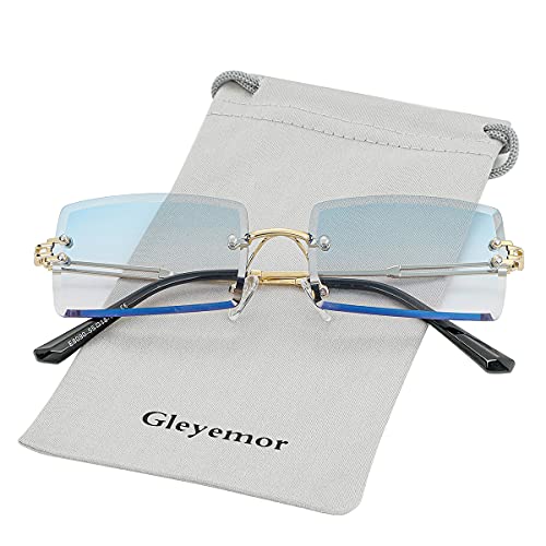 Gleyemor Rimless Rectangle Sunglasses for Women Mens Fashion Vintage Frameless Square Glasses with Gradient Lens (Blue/Pink)