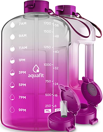 AQUAFIT Half Gallon Water Bottle With Time Marker - 64 oz Water Bottle With Straw - Gym Water Bottle With Strap - Big Water Bottle - Reusable Water Bottles With Straw - Large Water Bottle With Handle