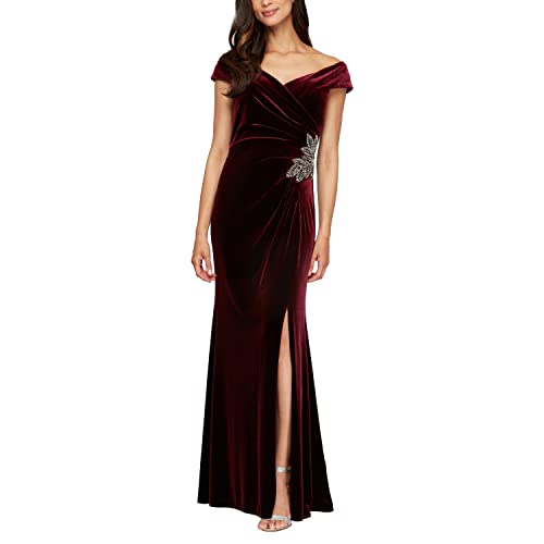 Alex Evenings Women's Long Off The Shoulder Fit and Flare Dress, Wine, 14