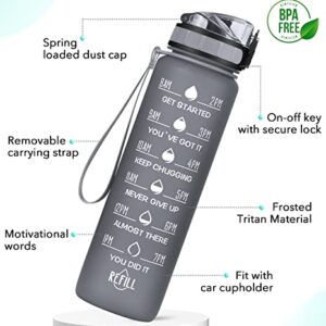 MEITAGIE 32oz Motivational Water Bottle with Time Marker & Fruit Strainer, Leak-proof BPA Free Non-Toxic 1l Bottle with Carrying Strap, Perfect for Fitness, Gym and Outdoor Sports (Graphite)