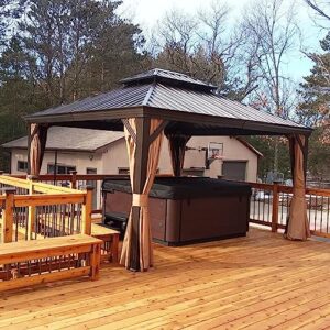 purple leaf 12' x 14' outdoor hardtop gazebo permanent outside heavy duty sun shade deck canopy for patio all weather aluminum metal roof backyard pavilion with netting and curtains