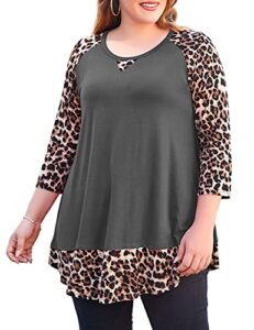 monnuro women's plus size 3/4 sleeve shirts color block casual loose leopard tunic tops for leggings(deepgray,1x)