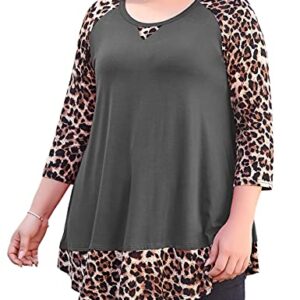 MONNURO Women's Plus Size 3/4 Sleeve Shirts Color Block Casual Loose Leopard Tunic Tops for Leggings(DeepGray,1X)