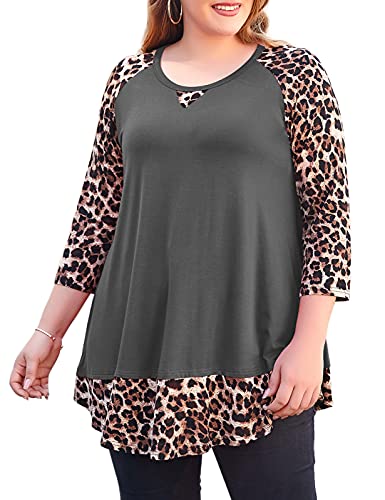 MONNURO Women's Plus Size 3/4 Sleeve Shirts Color Block Casual Loose Leopard Tunic Tops for Leggings(DeepGray,1X)