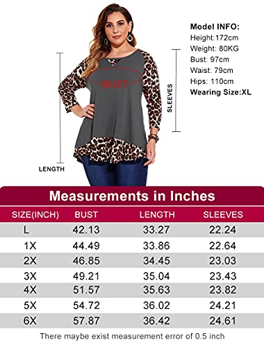 MONNURO Women's Plus Size 3/4 Sleeve Shirts Color Block Casual Loose Leopard Tunic Tops for Leggings(DeepGray,1X)