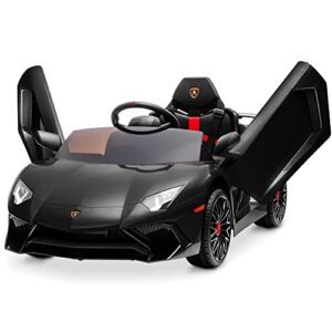 kidzone kids electric ride on 12v licensed lamborghini aventador battery powered sports car toy with 2 speeds, parent control, sound system, led headlights & hydraulic doors - black