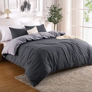 caromio duvet cover queen size, 3 pieces double brushed microfiber duvet cover set, all season soft reversible duvet cover with zipper closure, charcoal/silver grey, 90x90 inches