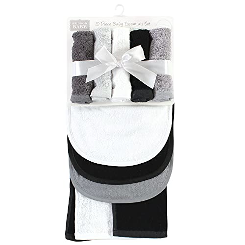 Hudson Baby unisex baby Rayon from Bamboo Bib, Burp Cloth Washcloth 10pk Headband, Black White, One Size US