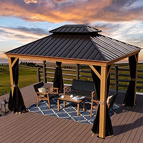 Kozyard Apollo Wood Looking 10ft x 12ft Aluminum Hardtop Gazebo with Galvanized Steel Roof and Mosquito Net (10ft x 12ft)