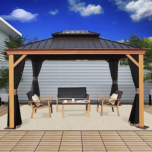 Kozyard Apollo Wood Looking 10ft x 12ft Aluminum Hardtop Gazebo with Galvanized Steel Roof and Mosquito Net (10ft x 12ft)