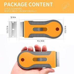 Razor Blade Scraper, 2 Pack Plastic Retractable Glass Scraper with 40 Pcs Extra Razor Blades, Cleaning Razor Scraper for Windows Metal Vinyl Car Glue