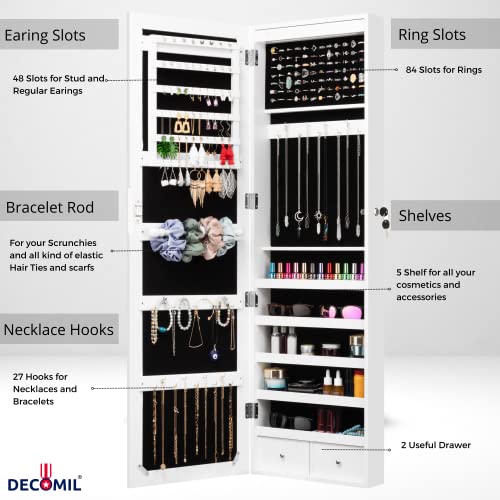 DECOMIL Lockable Jewelry Cabinet with Mirror and LED Lights, Jewelry Armoire with Hanger, White