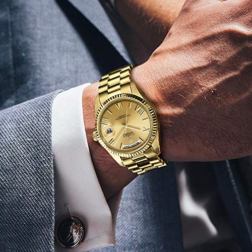 CADISEN Men Automatic Watch Sapphire Luxury Mechanical Wristwatch Stainless Steel Waterproof Watch Men MIYOTA8285 (Gold)